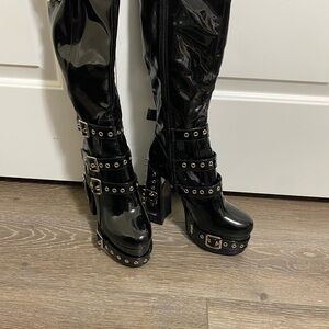 Black Patent Platform Knee-High Boots with Buckle Straps